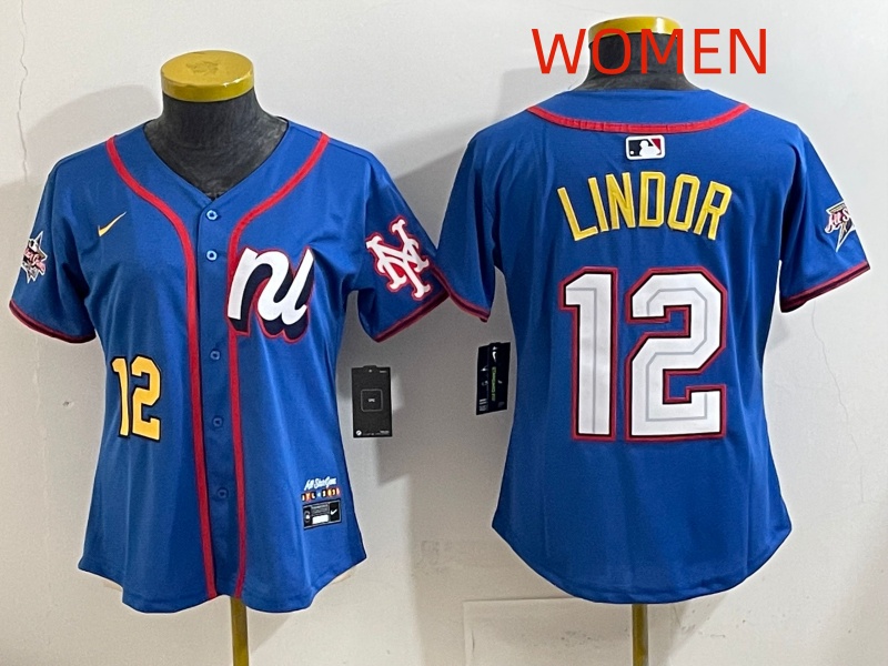 Women 2025 New York Mets 12 Lindor Blue All star Nike MLB Jersey style 004